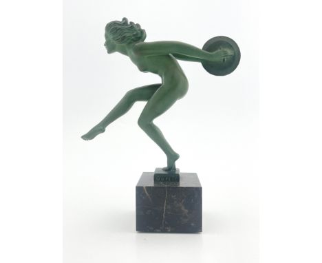 Garcia for Max Le Verrier, Joie, an Art Deco patinated art metal figure, circa 1925, modelled as a nude woman with cymbals, o