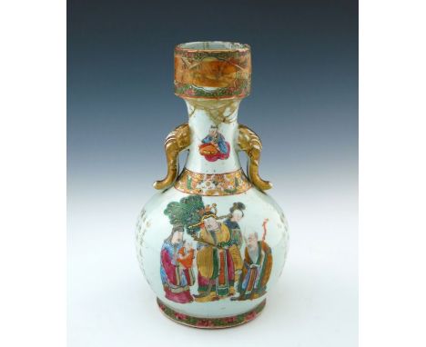 A 19th Century Chinese vase, cylindrical neck, gilt elephant trunk twin handles, the body painted with generational figures a