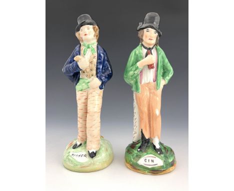A 19th Century Staffordshire pottery figure, modelled as a double-sided man titled 'Gin' and 'Water', one side as a morose un
