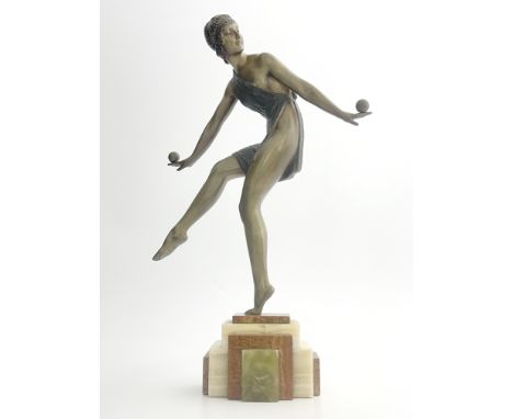 Demetre Chiparus, Balance, a patinated bronze figure, cast and modelled as a dancer, posed on one leg with balanced balls on 