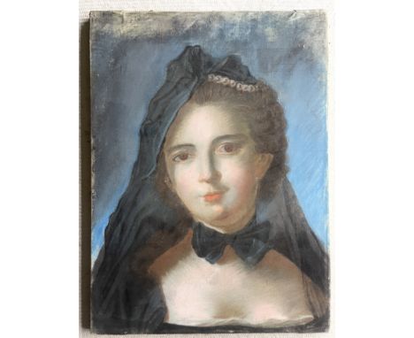 French School, mid 19th Century, portrait of a young lady, bust length wearing a blue shawl, pearl hair ornament and blue bow