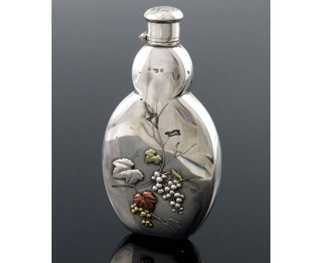 An Aesthetic Movement silver and mixed metal overlay spirit flask, Frederick Elkington, London 1884, double gourd form, appli