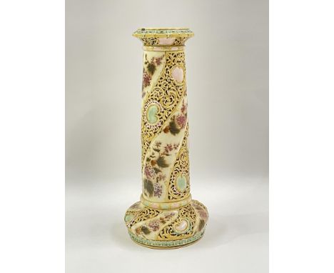 Zsolnay Pecs, an Art Nouveau jardiniere stand, circa 1900, tapered form, reticulated wrythen scrollwork and floral decoration