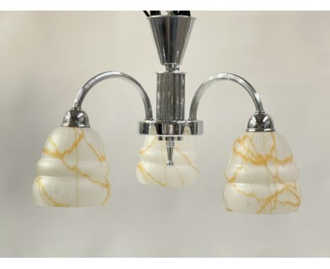 An Art Deco chrome three arm ceiling light