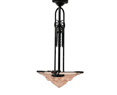 A French Art Deco wrought iron and pink glass pendant light fitting, in the style of Majorelle