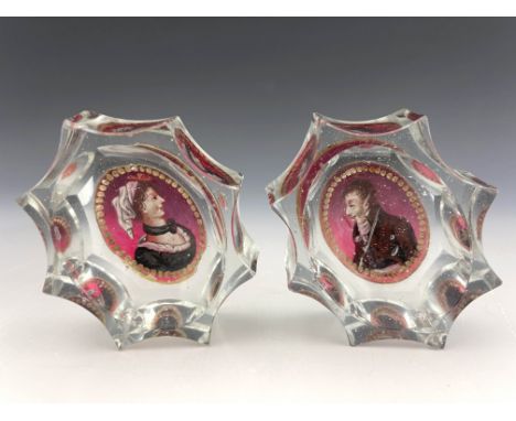 A pair of Bohemian cut glass and enamelled marriage salt cellars, each of oval section with wide fluting, applied with a cran