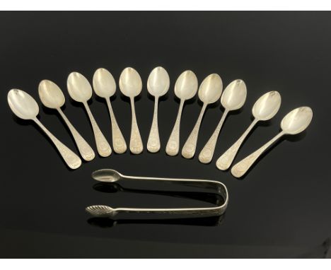 A set of eleven Victorian Scottish silver teaspoons and sugar tongs, Hamilton and Inches, Edinburgh 1882, chased and engraved