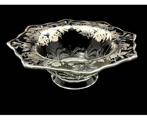 A Cambridge Glass silver overlay dish, American circa 1910, relief moulded octagonal ogee rimmed, with floral bouquets in the