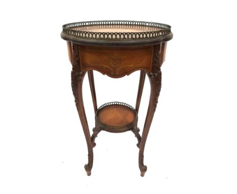 A French kingwood lamp table, early 20th Century of Louis XVI design, floral marquetry inlaid, circular top with brass fretwo
