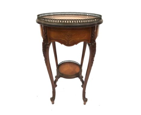 A French kingwood lamp table, early 20th Century of Louis XVI design, floral marquetry inlaid, circular top with brass fretwo