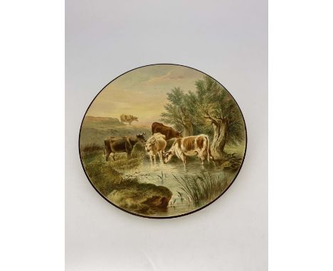 R F Perling for Royal Worcester, a large painted charger, Cows, after Thomas Sidney Cooper, impressed marks, signed and title