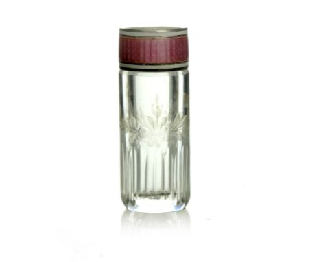 A French silver and enamelled scent bottle, Gaston Bardies, Paris circa 1900, the cut glass cylindrical body with a pink guil