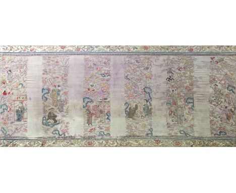 A Chinese silk embroidered panel, purple damask backing with vertical strips of figural garden and landscape scenes, 53cm x 1