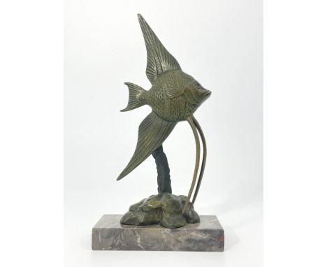 Georges H Laurent, an Art Deco bronze figure of a fish, circa 1925, modelled as an Angel fish, on seaweed stem and rocky base