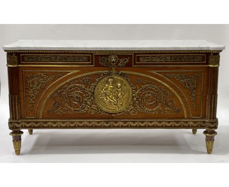 A Louis XVI design mahogany commode a vantaux, white veined marble top, gilt brass mounts throughout, egg and dart frieze, tr