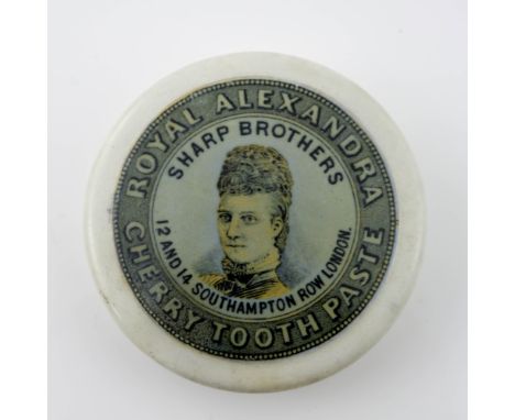 Advertising pot lid, Royal Alexandra Cherry Toothpaste, with printed portrait circular panel within titled border, 8.5cm diam