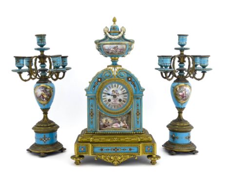 A French Sevres style ormolu mounted clock garniture, circa 1880, the enclosed case with cherub painted dial, decorated with 