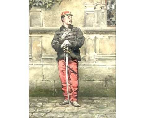 J.. Watkins (British, early 20th Century), portrait of a French soldier, full length standing wearing spectacles and in unifo