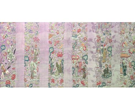 A Chinese silk embroidered panel, purple damask backing with vertical strips of figural garden and landscape scenes, 40cm x 1