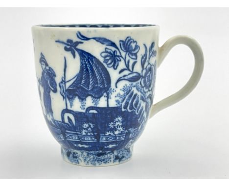 A Caughley Fisherman pattern coffee cup, together with a Caughley three flowers tea canister, 'C' mark. (2)
