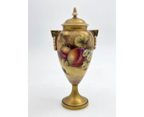 J Smith for Royal Worcester, a fruit painted pedestal vase and cover, twin handled shouldered form, painted in the round with