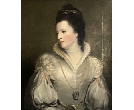 Follower of Sir Joshua Reynolds, portrait of a lady, half length in a gold embroidered white dress with a pearl choker and po