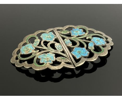 An Arts and Crafts silver and enamelled buckle, Henry Clifford Davis, Birmingham 1911, pierced with violas in blue and green 