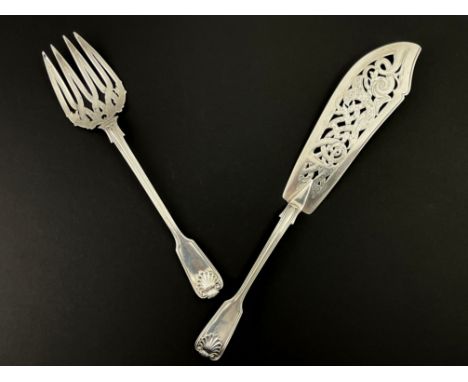 A pair of Victorian silver fish servers, George Adams, London 1857, Fiddle Shell and Thread pattern, the slice blade pierced 