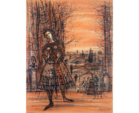 Jean Carzou (French-Armenian, 1907-2000), L'automne, paysage avec Femme, signed l.l., Charles Sorlier lithograph in colours, 