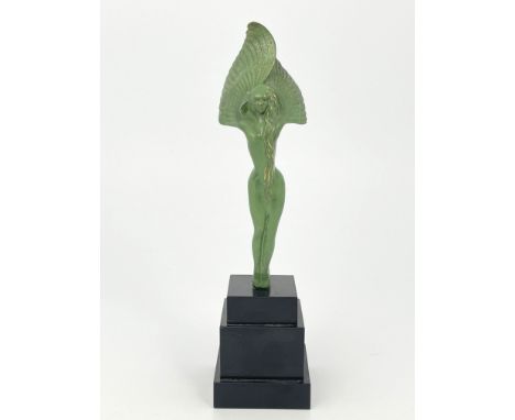 An Art Deco patinated bronze figure, Victory, circa 1925, modelled as a nude winged woman, arms raised, on stepped black marb