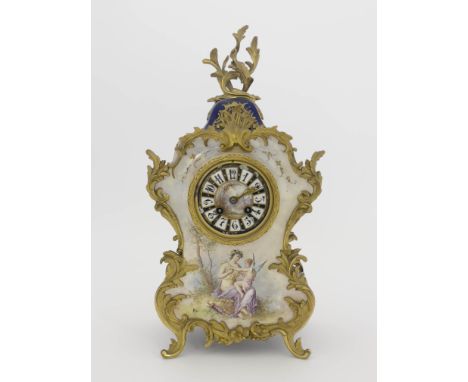 A 19th Century Sevres porcelain bracket clock, circa 1860, of Rococo design with gilt ormolu foliate finial and mounts, 9.5cm