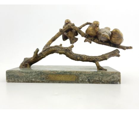 Paul Marec, an Art Deco gilt bronze sculpture, circa 1930, modelled as four birds in a branch, on green marble base, signed i