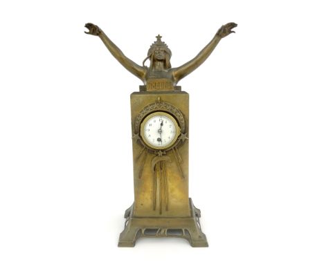 A French Art Nouveau figural clock, L'Heure, brass pedestal form on open bracket base, surmounted by a bust with arms raised 