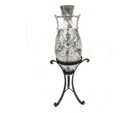 Alan Caiger Smith, a monumental Aldermaston studio pottery amphora vase, in wrought iron stand, twin handled, tin glazed and 