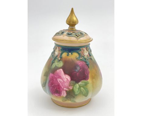 A Royal Worcester rose painted potpourri vase and cover, 1910, lobed conical form with moulded and pierced lid, green and gil