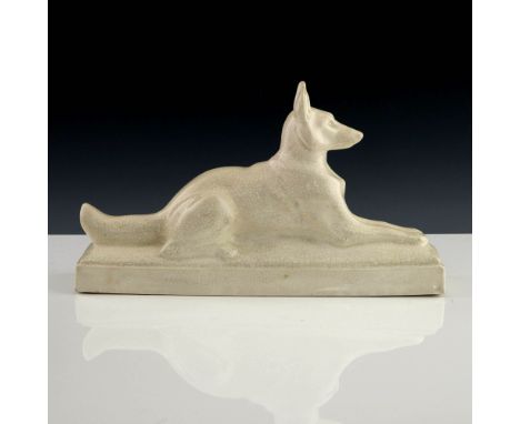 Francois Levallois, an Art Deco ceramic figure of a fox, modelled lying down, cream craquelure glaze, moulded mark L Francois