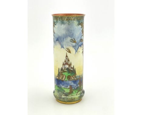 A Royal Worcester Crown Ware lustre vase, circa 1925, cylindrical form, decorated with a castle in landscape heightened in gi