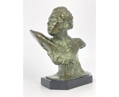 Frederic Focht, Mermos, circa 1930, an Art Deco bronze bust of the French aviator Jean Mermoz, on black marble base, signed i