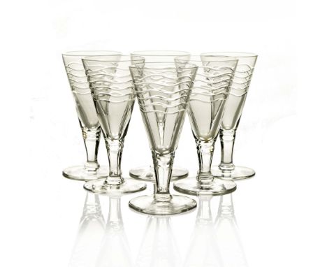 Herbert Webb for Webb Corbett, a set of six Art Deco cut glass drinking glasses, circa 1930, conical form with concentric wav