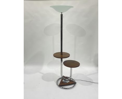 An Art Deco standard lamp, French circa 1930s, chromed tubular form with integrated circular wooden platform tables