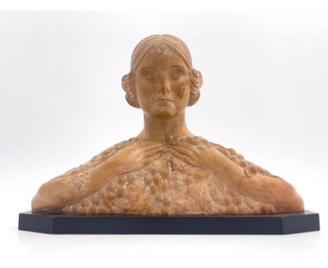 D H Chiparus, a terracotta bust portrait of a young woman, modelled on Julienne Lullier, her raised hands holding an abundanc