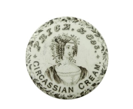 A 19th century advertising pot lid, Price &amp; Co's Circassian Cream, printed monochrome portrait within a foliate and flora