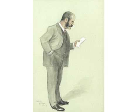 Willis Eadon (British, 1870-1945), portrait of a politician in the manner of 'Spy', full length standing in profile reading a