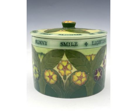 Sally Tuffin for Dennis Chinaworks, Primrose Biscuit barrel and cover, with script 'The Greenwood Lighting with its Sunny Smi