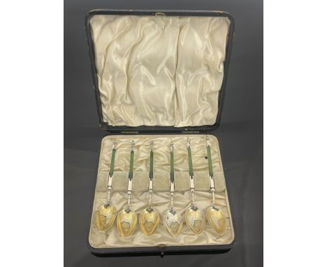 A set of six Victorian silver and nephrite jade teaspoons, Levi and Salaman, Birmingham 1898, the square section green hardst