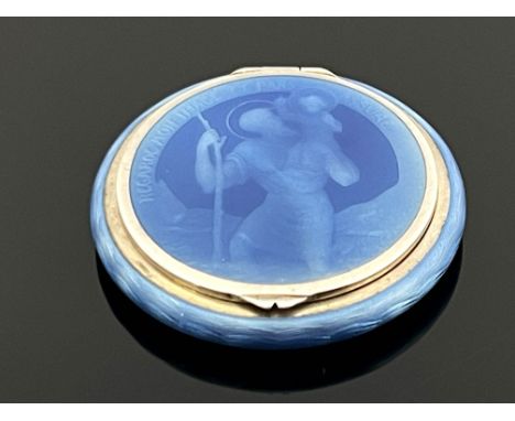 A George V enamelled silver compact, blue guilloche enamel to all sides, the hinged lid basse taille decorated with an image 