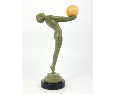 Max Le Verrier, an Art Deco patinated art metal figure, circa 1925, modelled as a nude woman, arms outstretched holding an al