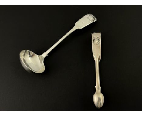 A Victorian silver sauce ladle and pair of sugar tongs, William Hutton, Sheffield 1897 and London 1862, Fiddle and Shell patt