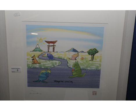 'Kangaroos Crossing' by John Lennon, coloured limited edition signed lithograph no. 260/300, on the Real Love print series