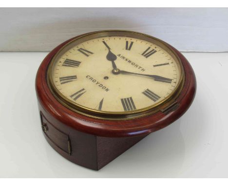A Victorian mahogany cased 12" dial clock, painted metal Roman dial signed Ainsworth, Croydon, single chain fusee movement, w
